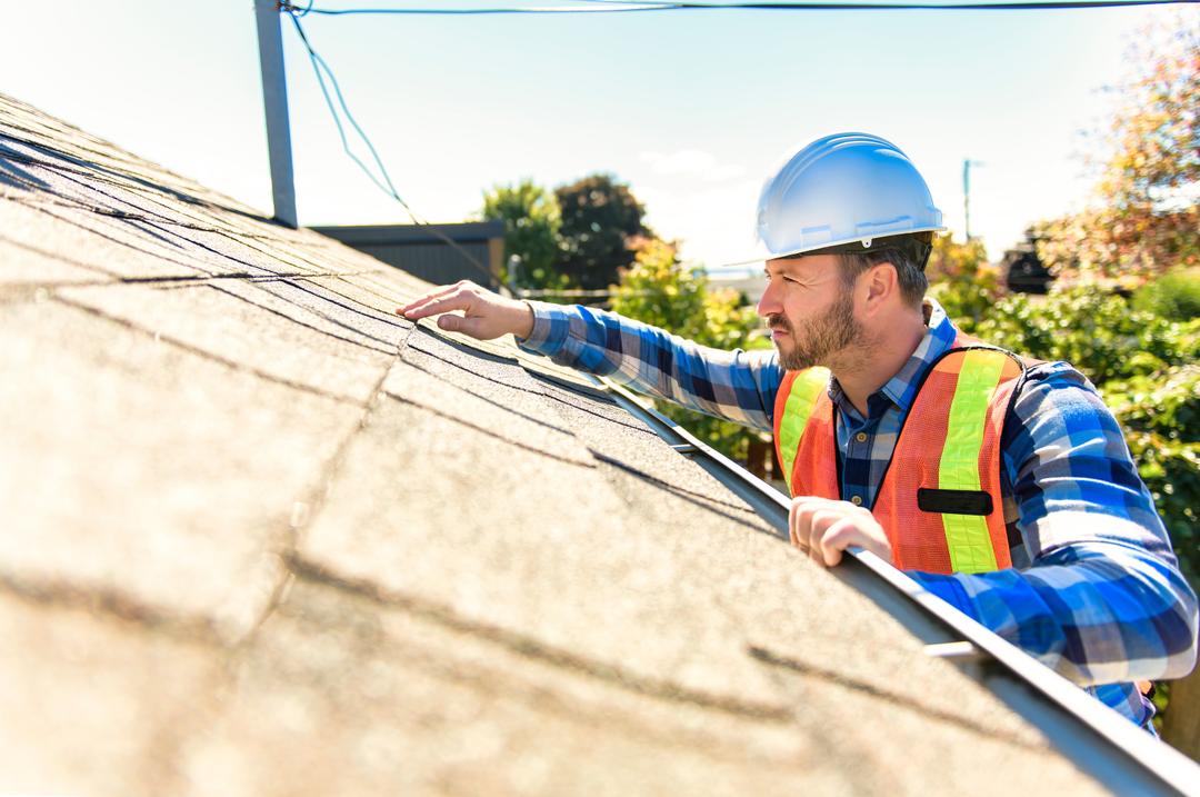 Worker Inspecting roof for leaks.